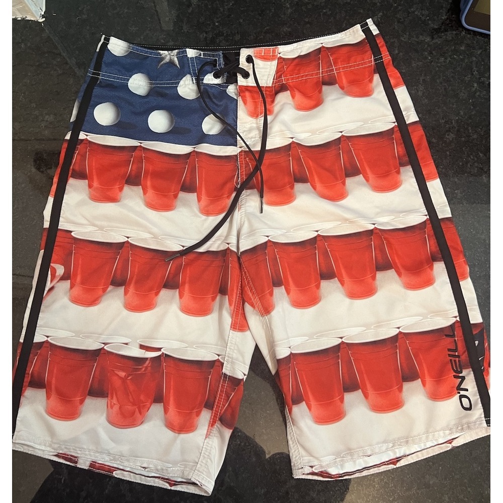 O'Neill Board Shorts Mens 30 Red‎ White Blue USA Flag Beer Pong Swim Trunks Surf